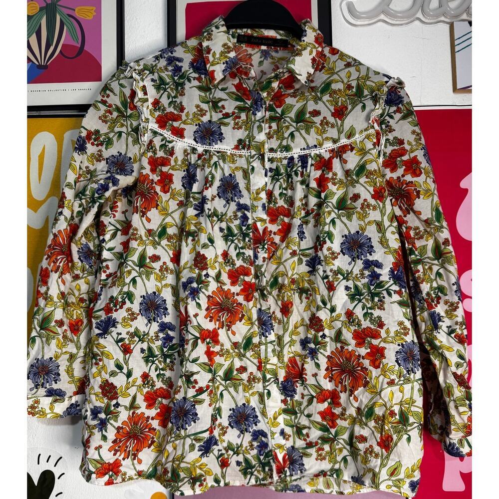 ZARA Basic Floral‎ Long Sleeve Blouse Women’s Size XS White Multicolor Ruffle